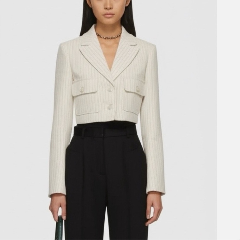 Jason Wu Elegant Ivory Cropped Pinstripe Flap Pockets Women's Blazer Jacket - M